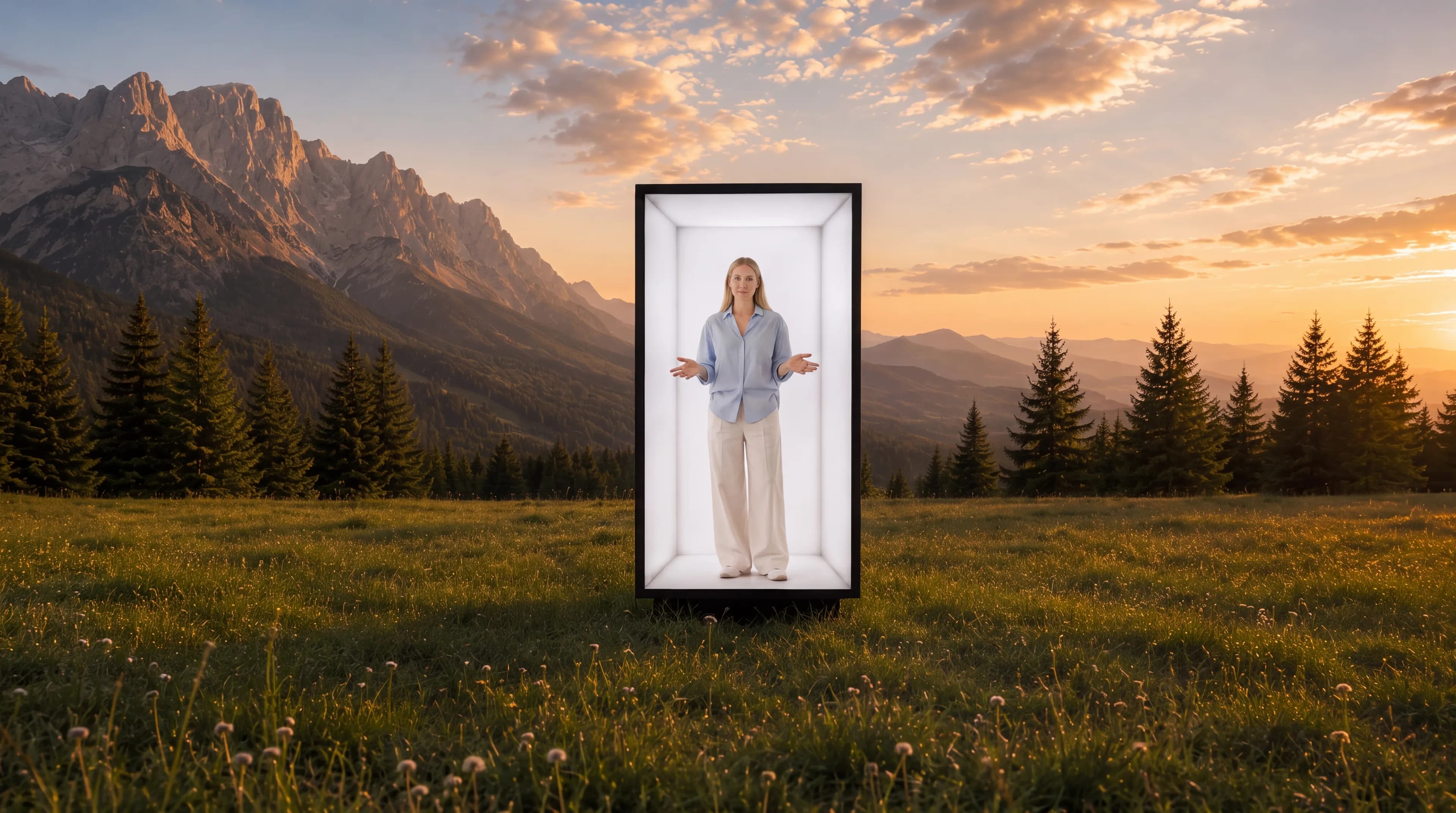 A person standing inside a lit glass box in an alpine meadow at sunset
